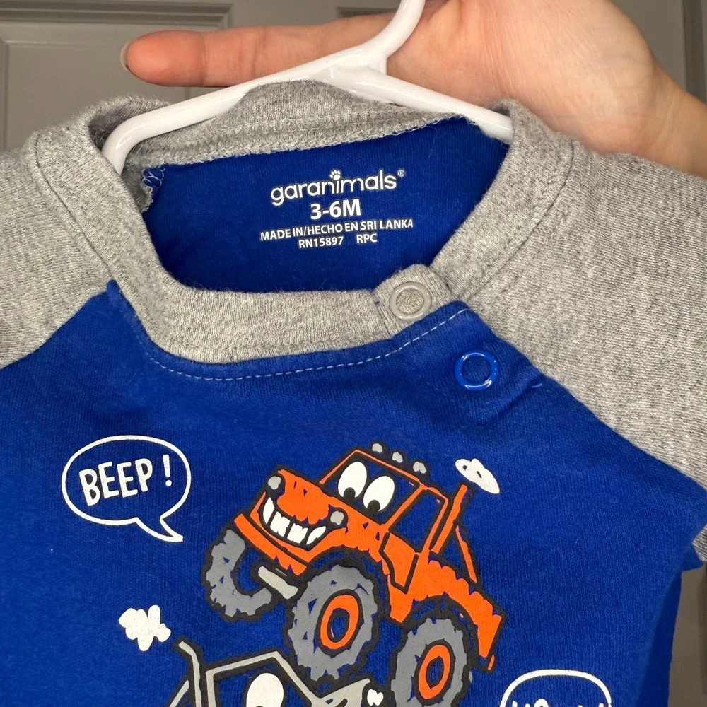 Garanimals Toddler Boys Size 3-6 Months‎ Blue Monster Truck Long Sleeve Bodysuit
